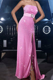 Sparkly Pink Mermaid Strapless Sequins Ball Dress with Slit