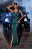 Sparkly Dark Green Mermaid Sequin Fringed Ball Dress with Slit