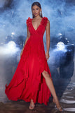 Red A Line V Neck Long Ball Dress with Slit