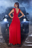 Red A Line V Neck Long Ball Dress with Slit