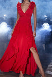 Red A Line V Neck Long Ball Dress with Slit