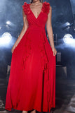 Red A Line V Neck Long Ball Dress with Slit