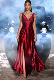 Dark Red A Line V Neck Satin Long Ball Dress with Slit