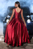 Dark Red A Line V Neck Satin Long Ball Dress with Slit