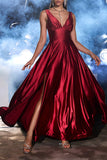 Dark Red A Line V Neck Satin Long Ball Dress with Slit