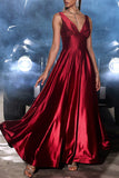 Dark Red A Line V Neck Satin Long Ball Dress with Slit