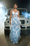 Blue White Flower Corset Tulle A Line V Neck Spaghetti Straps Long Ball Dress