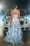 Blue White Flower Corset Tulle A Line V Neck Spaghetti Straps Long Ball Dress