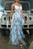 Blue White Flower Corset Tulle A Line V Neck Spaghetti Straps Long Ball Dress