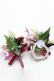 Burgundy Prom Wrist Corsage and Men‘s Boutonniere with Pearls