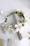 White Floral Wedding Headband Hair Wreath with Ribbon