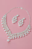 Pearl Rhinestone Pendant Necklace Earrings Tiara Jewelry Set