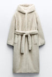 Grey Beige Long Shearling Fur with Belt