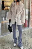 Grey Brown Midi Notched Lapel Shaggy Faux Fur