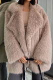 Grey Brown Midi Notched Lapel Shaggy Faux Fur