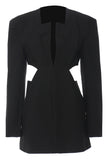 Black Slim Fit Cut-out Women Collarless Blazer