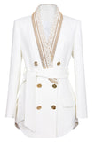 White Shawl Lapel Double Breasted Slim Fit Women Blazer with Beading