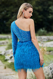 Sparkly Blue One Shoulder Sleeve Sequined Feather Homecoming Dress