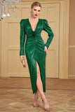 Green Sequined Front Slit Pleated V Neck Long Ball Dress with Sleeves