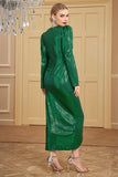 Green Sequined Front Slit Pleated V Neck Long Ball Dress with Sleeves