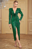 Green Sequined Front Slit Pleated V Neck Long Ball Dress with Sleeves