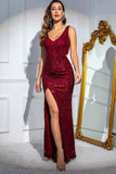 Sparkly Red Cut Out Slit Long Ball Dress with Sequin