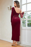 Burgundy Velvet Corset Slit Ball Dress with Sleeves