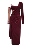 Burgundy Velvet Corset Slit Ball Dress with Sleeves