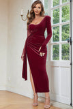 Burgundy Velvet Corset Slit Ball Dress with Sleeves