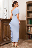 Blue One Shoulder Ruffled Slit Ball Dress