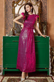 Fuchsia Ruffle Sleeves Long Ball Dress