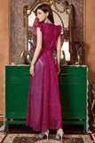 Fuchsia Ruffle Sleeves Long Ball Dress