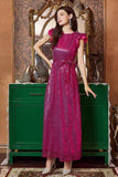 Fuchsia Ruffle Sleeves Long Ball Dress