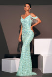 Sparkly Light Blue Cold Shoulder Sequined Mermaid Long Ball Dress