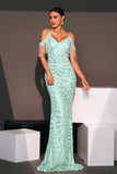 Sparkly Light Blue Cold Shoulder Sequined Mermaid Long Ball Dress