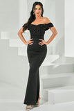 Black Beaded Off the Shoulder Bodycon Long Ball Dress