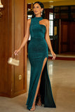 Glitter Dark Green Asymmetrical Neck Backless Ball Dress With Slit