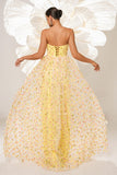 Yellow Floral Strapless Corset Long Ball Dress