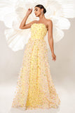 Yellow Floral Strapless Corset Long Ball Dress