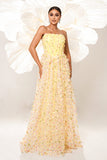 Yellow Floral Strapless Corset Long Ball Dress