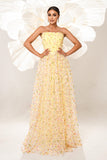 Yellow Floral Strapless Corset Long Ball Dress