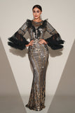 Sparkly Black Silver Mermaid Sequined Ball Dress With Long Sleeves