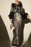 Sparkly Black Silver Mermaid Sequined Ball Dress With Long Sleeves