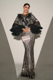 Sparkly Black Silver Mermaid Sequined Ball Dress With Long Sleeves