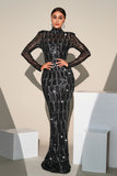 Sparkly Black Sequined Mermaid Ball Dress With Long Sleeves