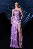 Sparkly Purple One Shoulder Long Ball Dress With Slit