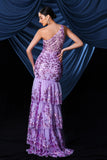 Sparkly Purple One Shoulder Long Ball Dress With Slit