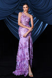 Sparkly Purple One Shoulder Long Ball Dress With Slit