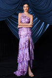 Sparkly Purple One Shoulder Long Ball Dress With Slit