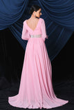 Pink Chiffon Long Sleeves Ball Dress With Slit